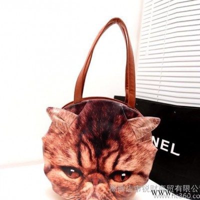 大包购物袋子,2014冬季流行3D卡通猫咪头图案大包女包手提包单肩图2