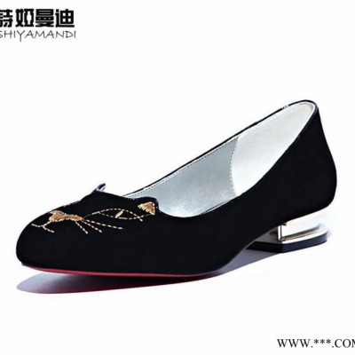 品牌2014圆头方跟磨砂羊皮浅口女鞋猫咪头绣花低跟真皮单图3