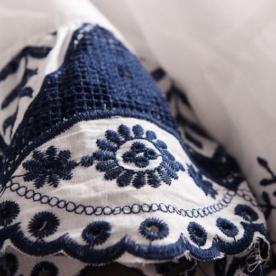 七分喇叭袖 2015韩国风新款夏装 甜美森系刺绣 圆领棉质娃