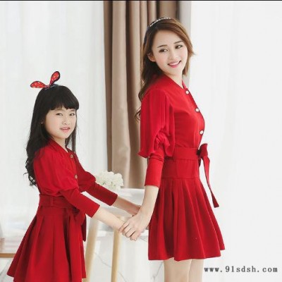 2015春夏新款雪纺喇叭袖弹力针织修身韩版亲子装母女装连衣裙