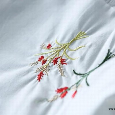 红色花草刺绣~韩版女装气质文艺范森女喇叭袖收腰棉布连衣裙