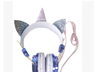 生产厂家重低音立体声蓝紫独角兽头戴3.5带咪卡通有线儿童耳机