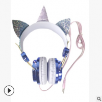 生产厂家重低音立体声蓝紫独角兽头戴3.5带咪卡通有线儿童耳机